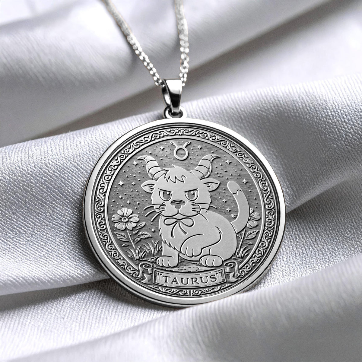 Sterling Silver Cat Taurus Zodiac Pendant Necklace