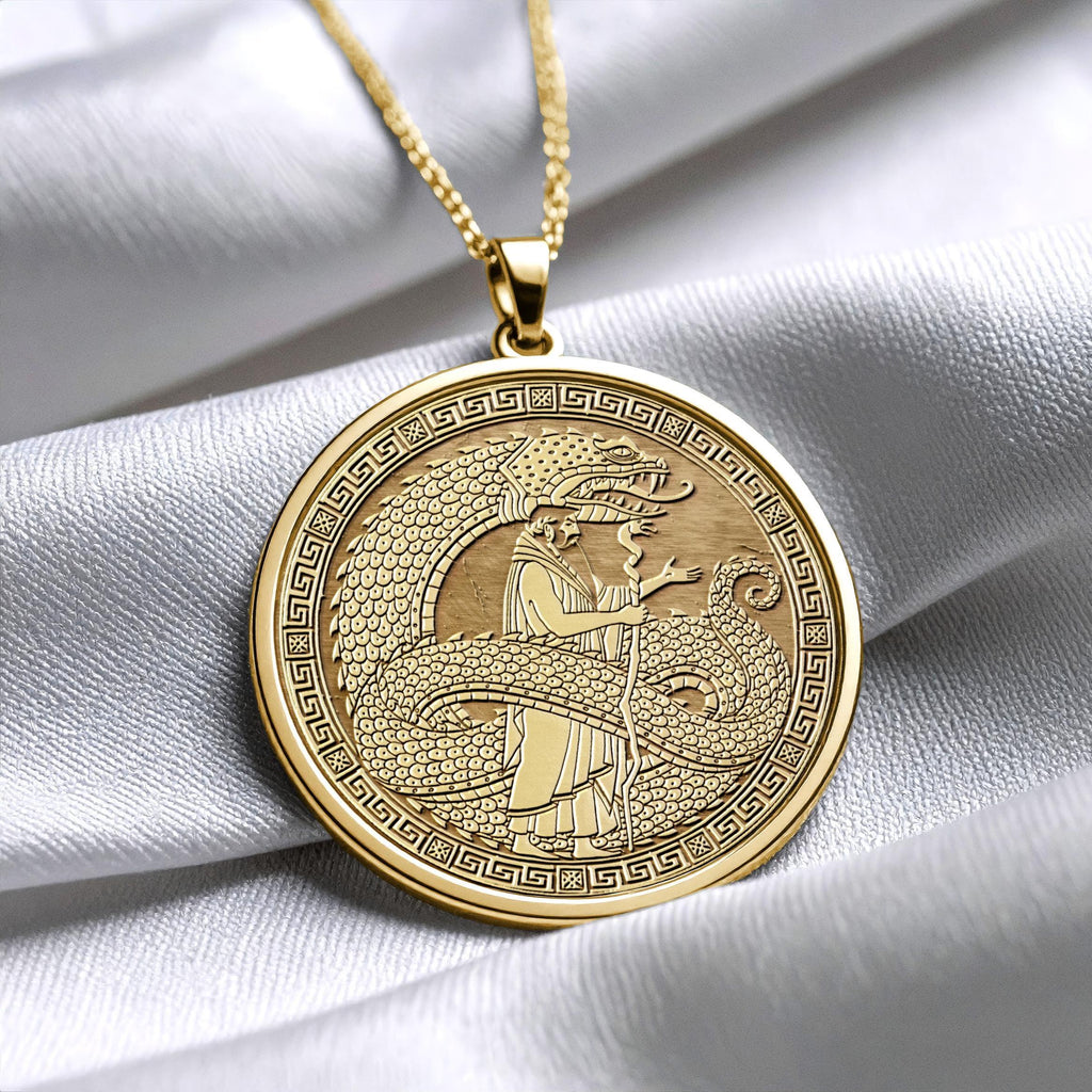Double-Headed Serpent Medallion Necklace – Ancient Mythology Gold Coin Pendant