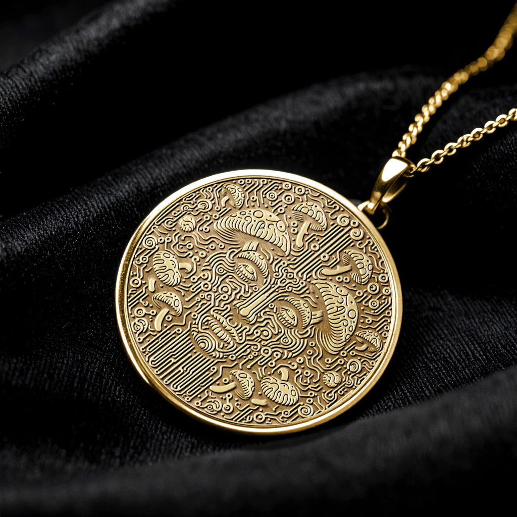 Gold Mushroom Face Necklace, - Psychedelic Mushroom Pendant