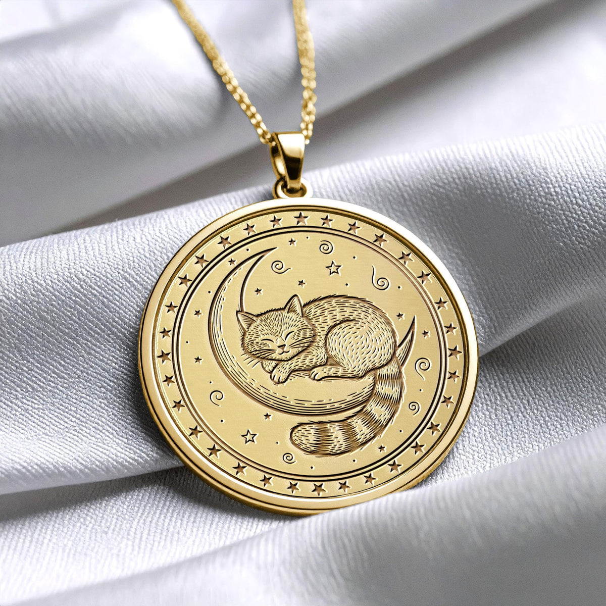 Moon Cat Medallion Necklace – Mystic Sleeping Feline Pendant