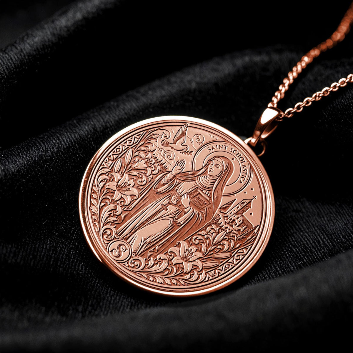 Saint Scholastica Pendant Necklace – Faith, Wisdom & Spiritual Peace