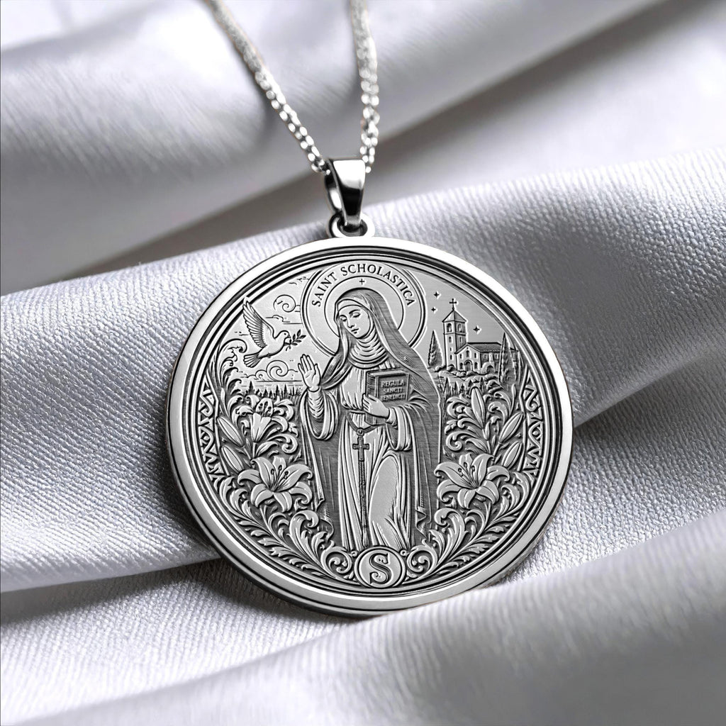 Saint Scholastica Pendant Necklace – Faith, Wisdom & Spiritual Peace