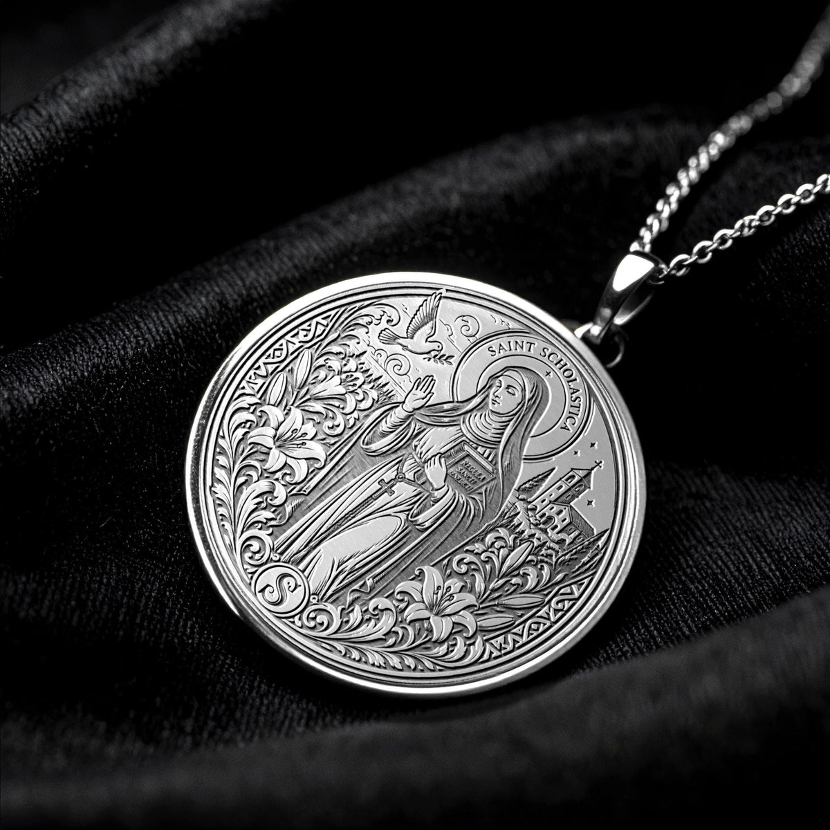 Saint Scholastica Pendant Necklace – Faith, Wisdom & Spiritual Peace