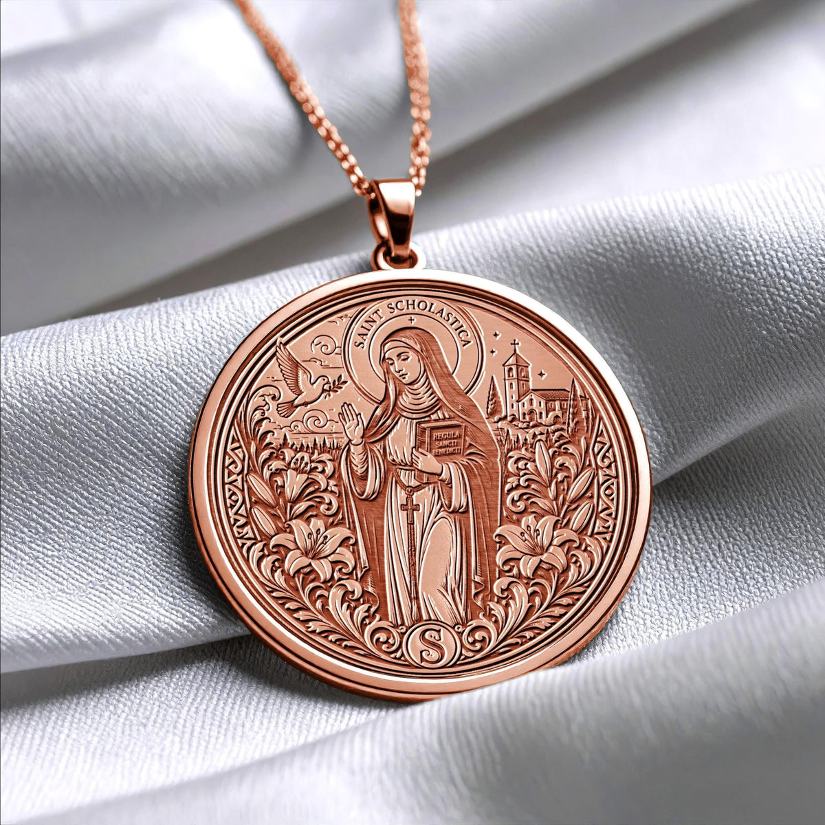 Saint Scholastica Pendant Necklace – Faith, Wisdom & Spiritual Peace