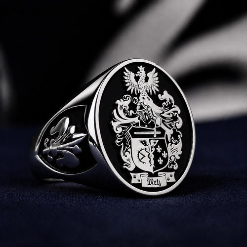 Personalized Family Crest Ring, Custom Coat of Arms Signet, Sterling Silver Heraldic Heirloom Gift