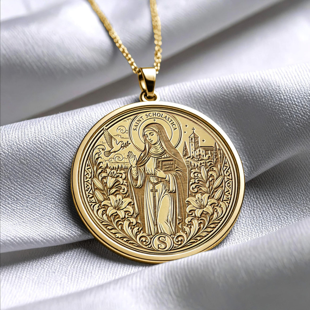 Saint Scholastica Pendant Necklace – Faith, Wisdom & Spiritual Peace