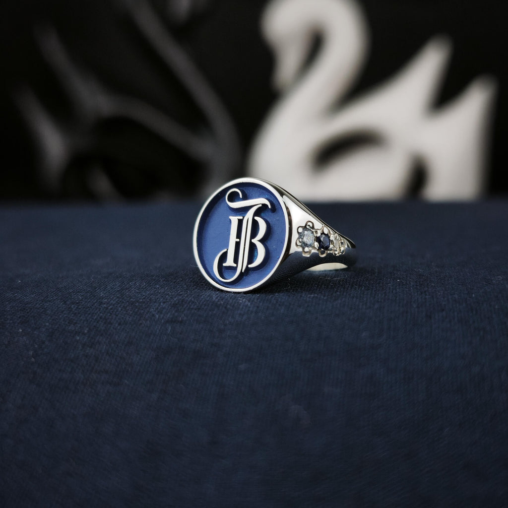 Blue Monogram Signet Ring, Round Initials with Stone Set Shoulders, Sterling Silver or Gold