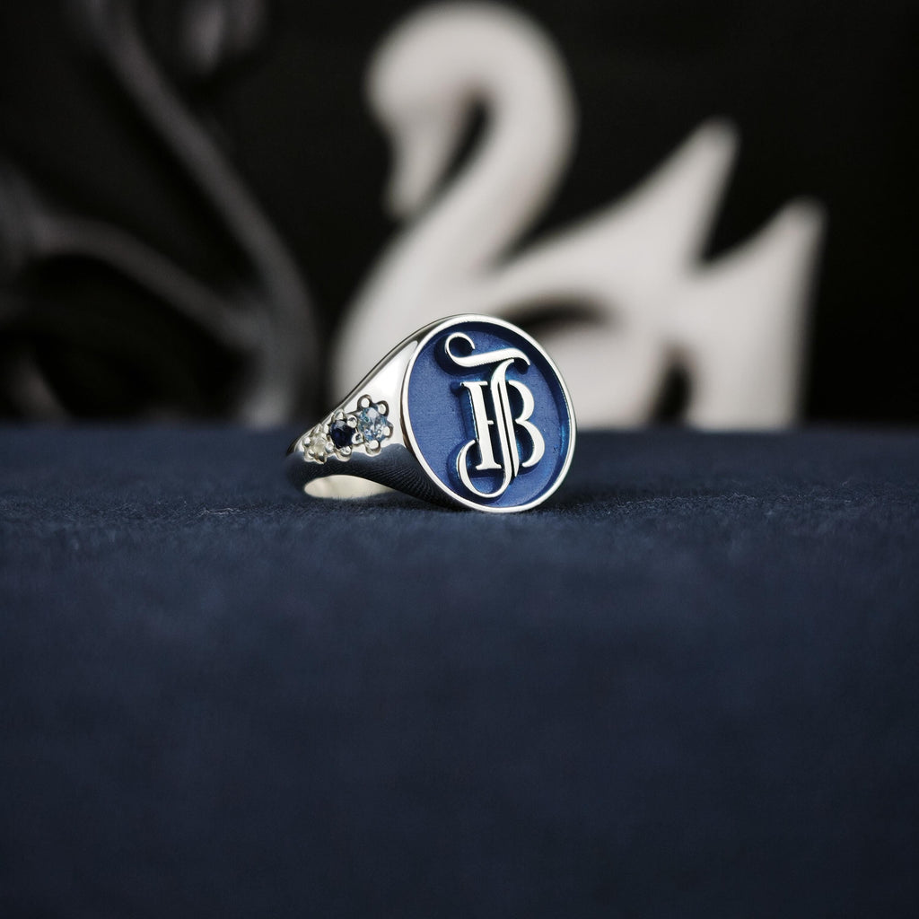 Blue Monogram Signet Ring, Round Initials with Stone Set Shoulders, Sterling Silver or Gold