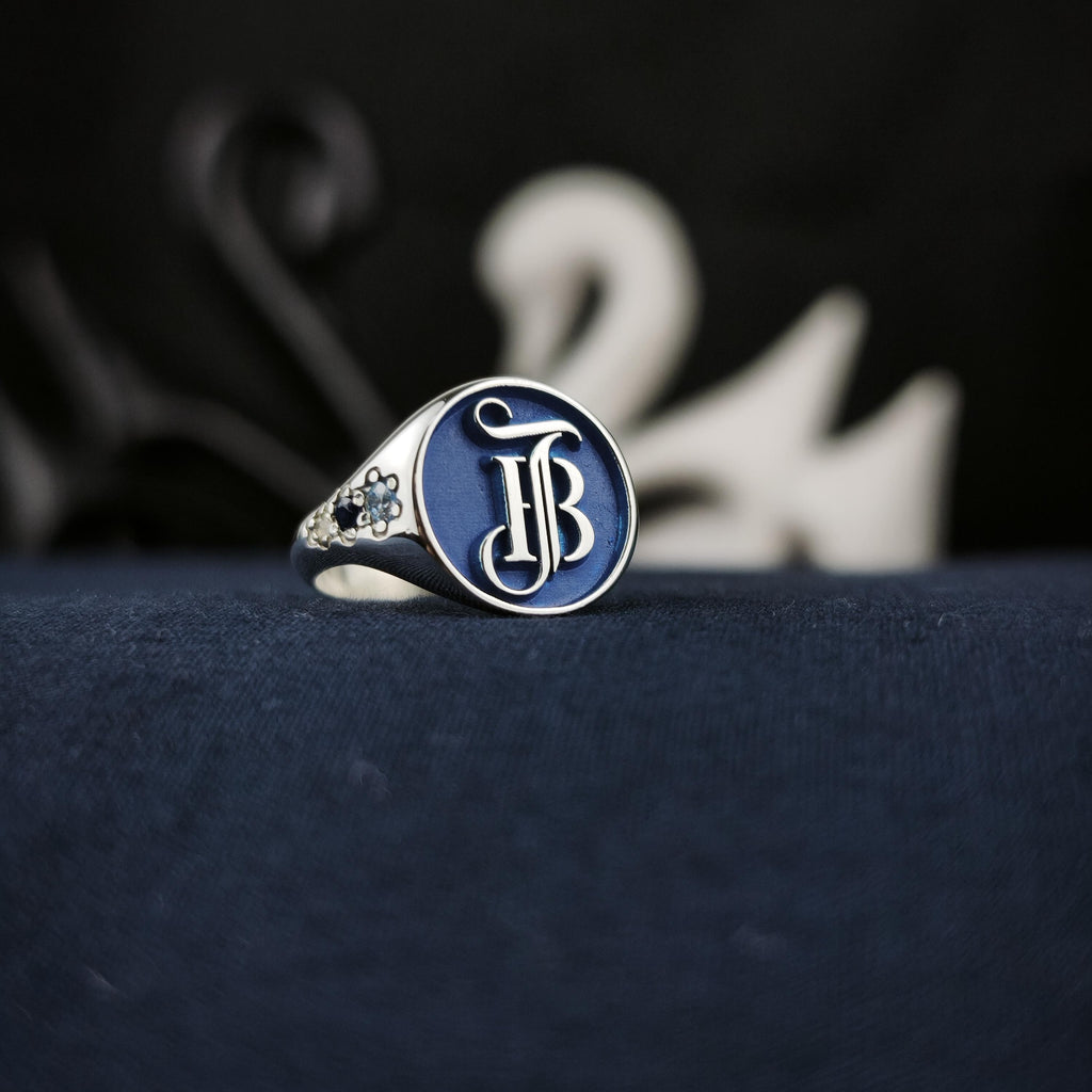 Blue Monogram Signet Ring, Round Initials with Stone Set Shoulders, Sterling Silver or Gold