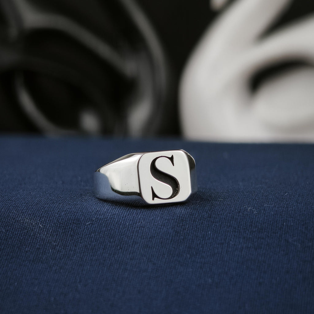 Personalized Square Initial Signet Ring, Sterling Silver or Gold
