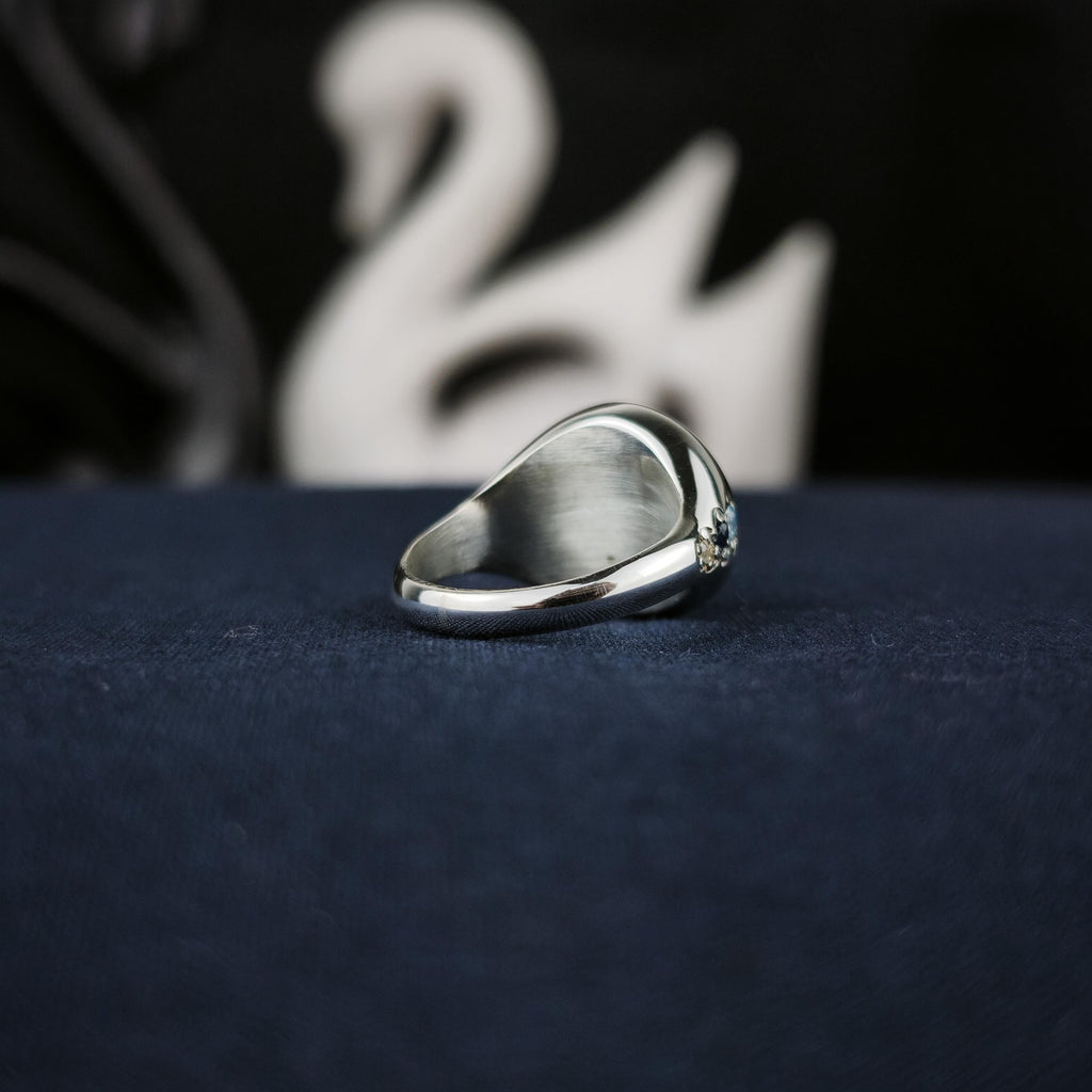 Blue Monogram Signet Ring, Round Initials with Stone Set Shoulders, Sterling Silver or Gold
