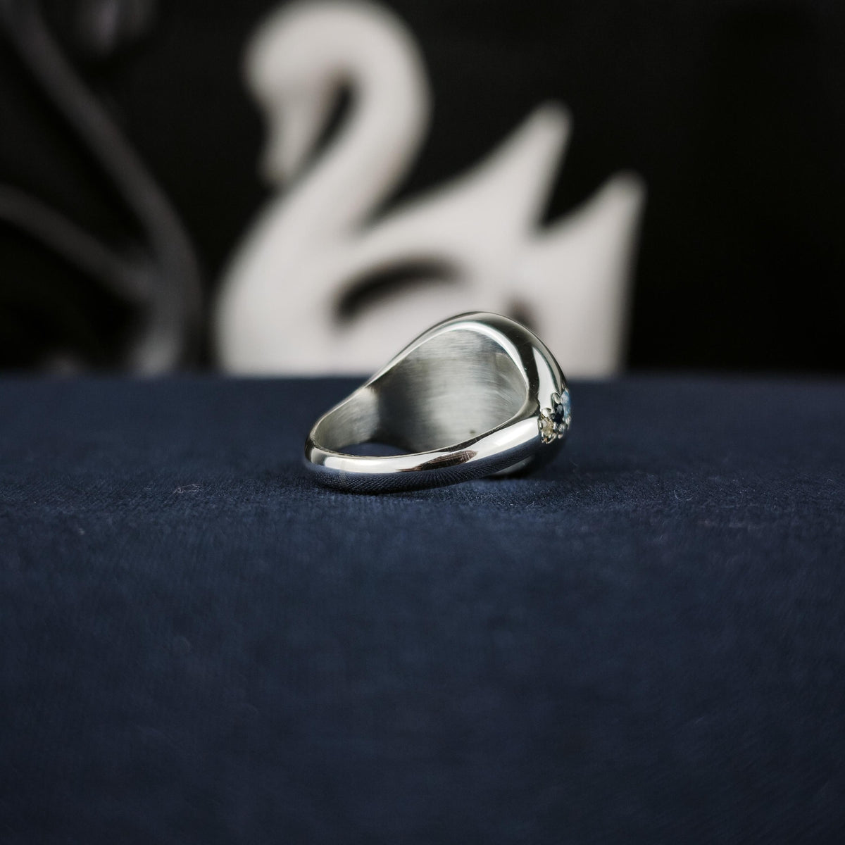 Blue Monogram Signet Ring, Round Initials with Stone Set Shoulders, Sterling Silver or Gold