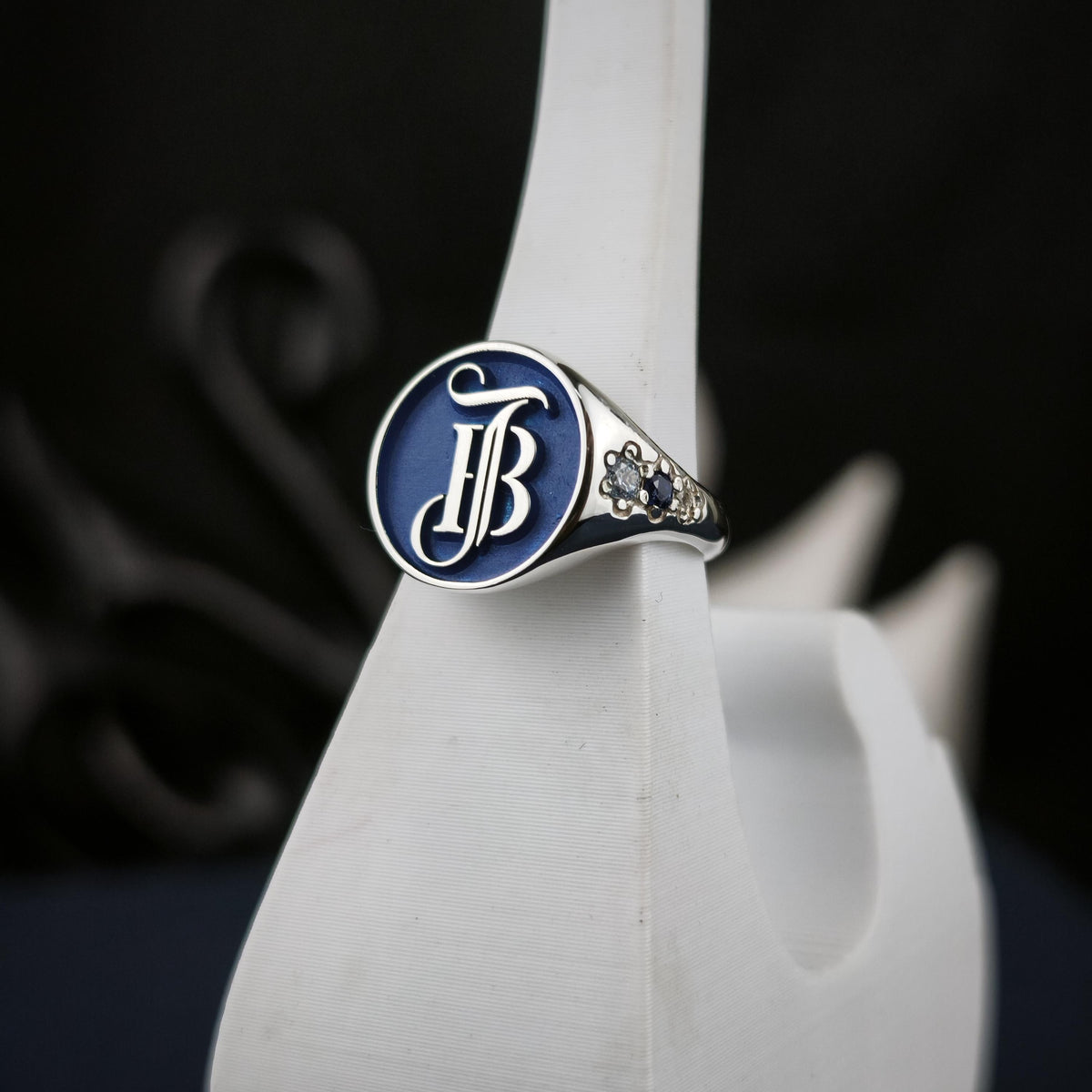 Blue Monogram Signet Ring, Round Initials with Stone Set Shoulders, Sterling Silver or Gold