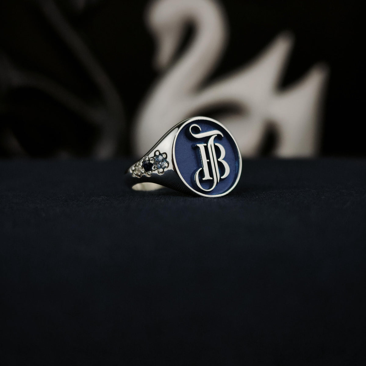 Blue Monogram Signet Ring, Round Initials with Stone Set Shoulders, Sterling Silver or Gold