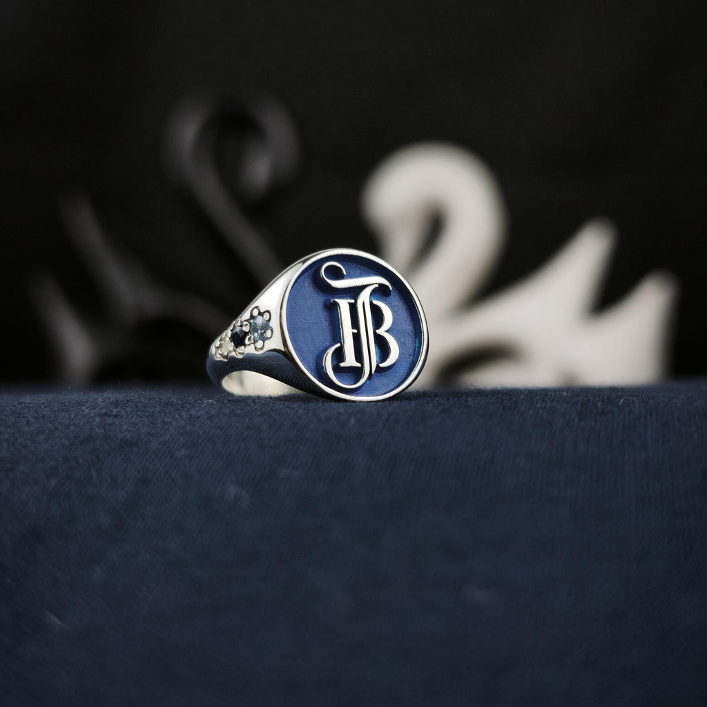 Blue Monogram Signet Ring, Round Initials with Stone Set Shoulders, Sterling Silver or Gold