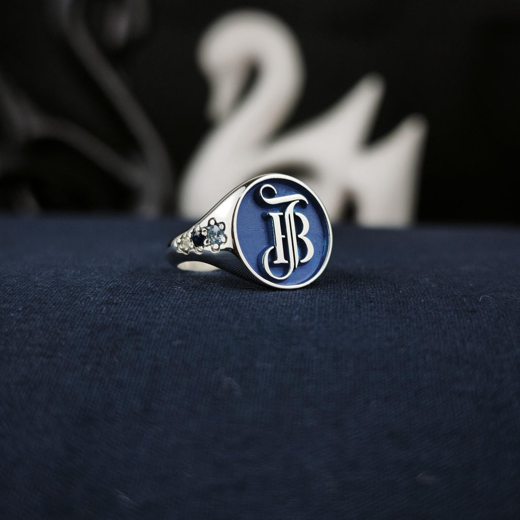 Blue Monogram Signet Ring, Round Initials with Stone Set Shoulders, Sterling Silver or Gold