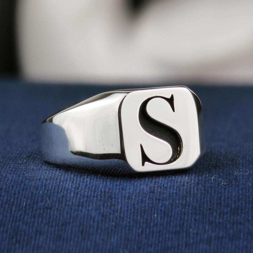 Personalized Square Initial Signet Ring, Sterling Silver or Gold