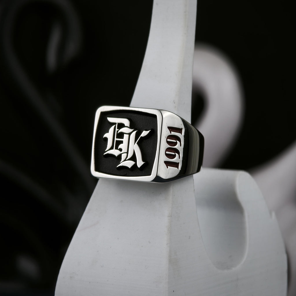Custom Initial Signet Ring, Square Old English Monogram, Sterling Silver or Gold