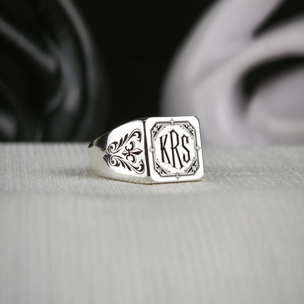 Gothic Monogram Signet Ring, Fleur de Lis Shoulders, Sterling Silver or Gold