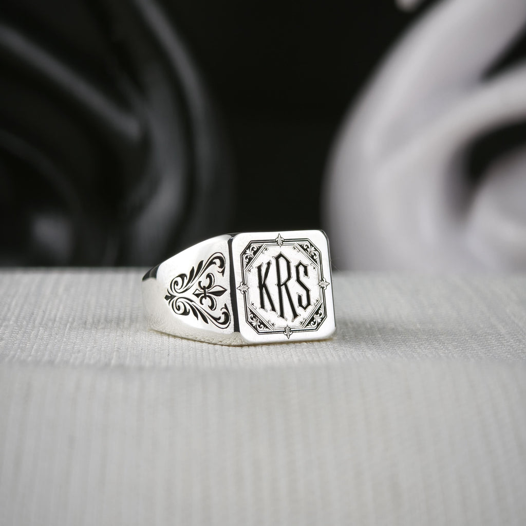 Gothic Monogram Signet Ring, Fleur de Lis Shoulders, Sterling Silver or Gold