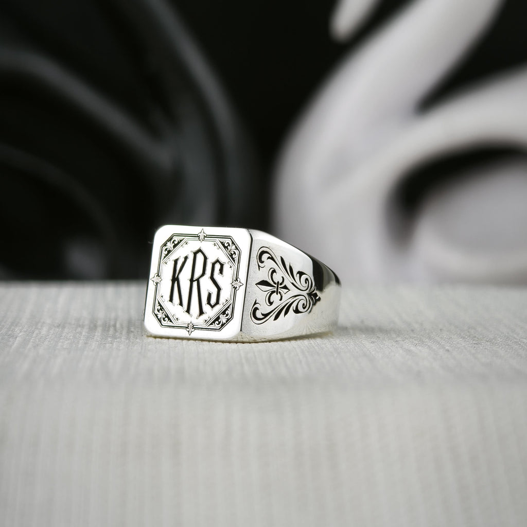 Gothic Monogram Signet Ring, Fleur de Lis Shoulders, Sterling Silver or Gold