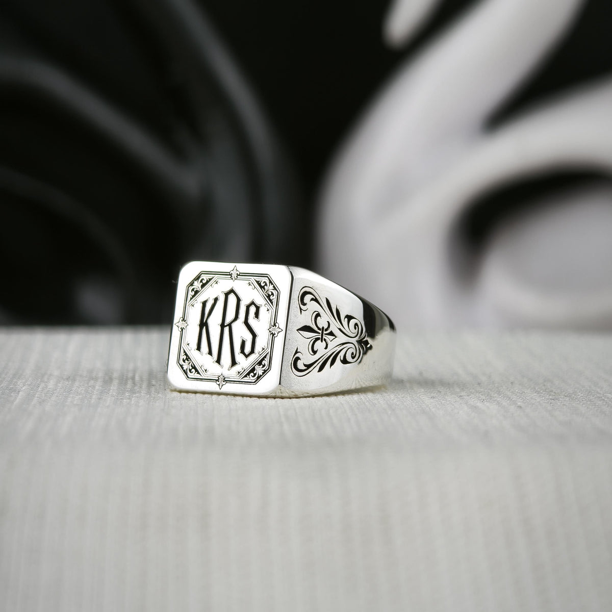 Gothic Monogram Signet Ring, Fleur de Lis Shoulders, Sterling Silver or Gold