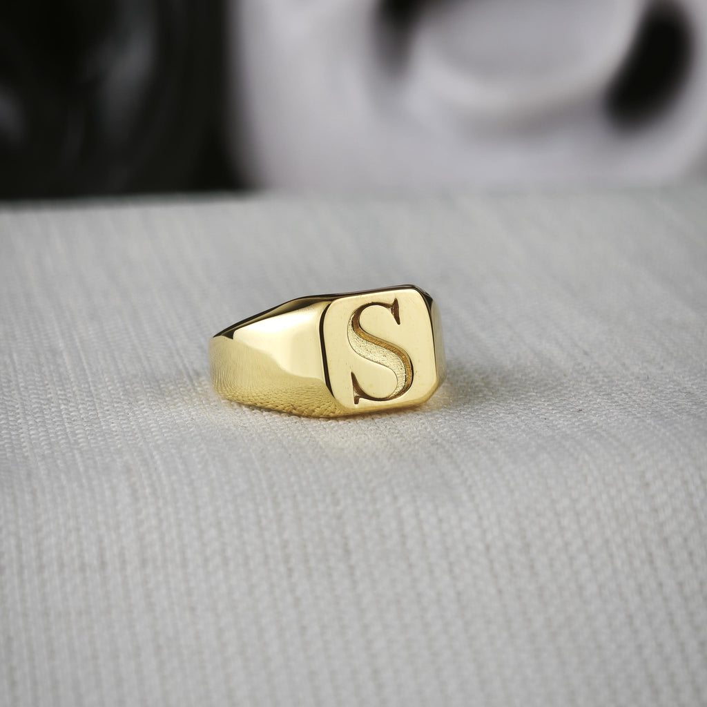 Square Initial Signet Ring, Personalized Single Letter in Sterling Silver or Gold