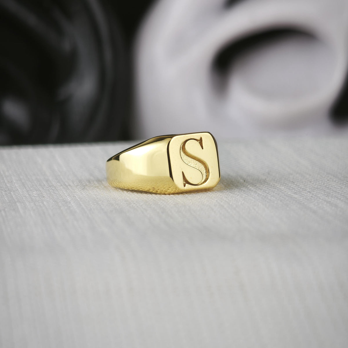 Square Initial Signet Ring, Personalized Single Letter in Sterling Silver or Gold