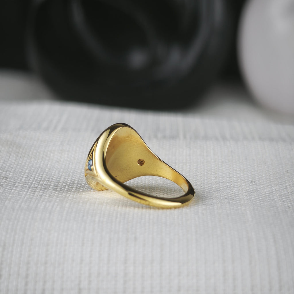 Custom University Signet Ring, Gold Plated Graduation Ring with Blue Accents