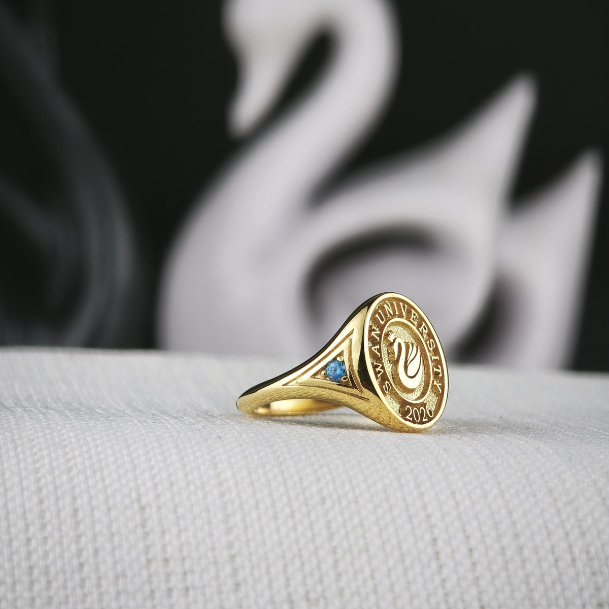 Custom University Signet Ring, Gold Plated Graduation Ring with Blue Accents