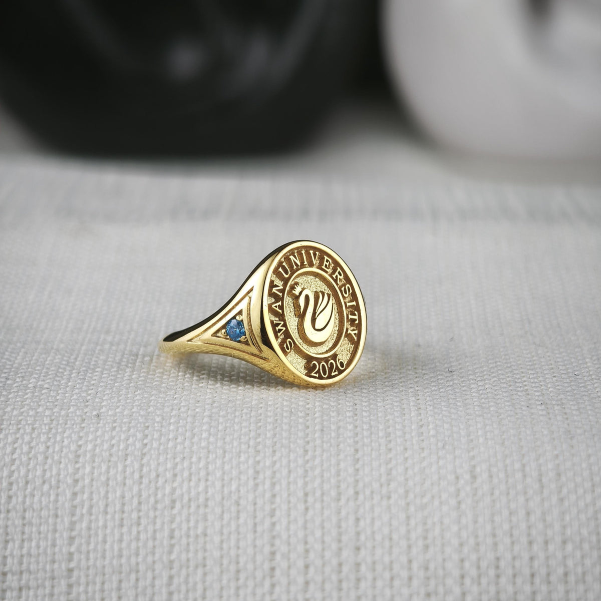 Custom University Signet Ring, Gold Plated Graduation Ring with Blue Accents