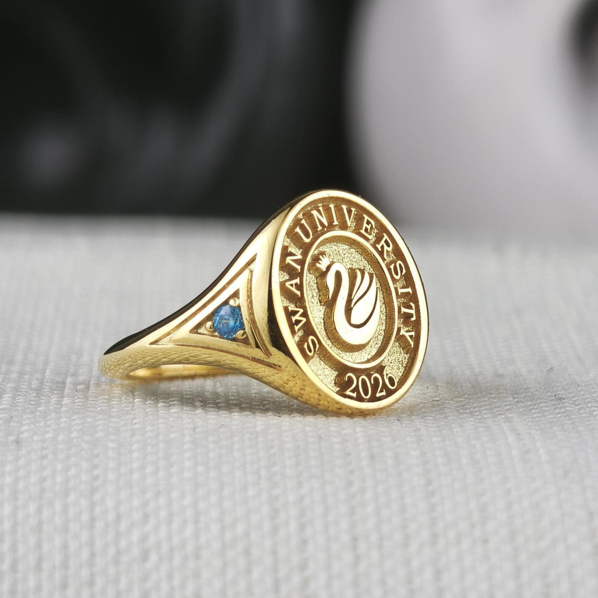 Custom University Signet Ring, Gold Plated Graduation Ring with Blue Accents