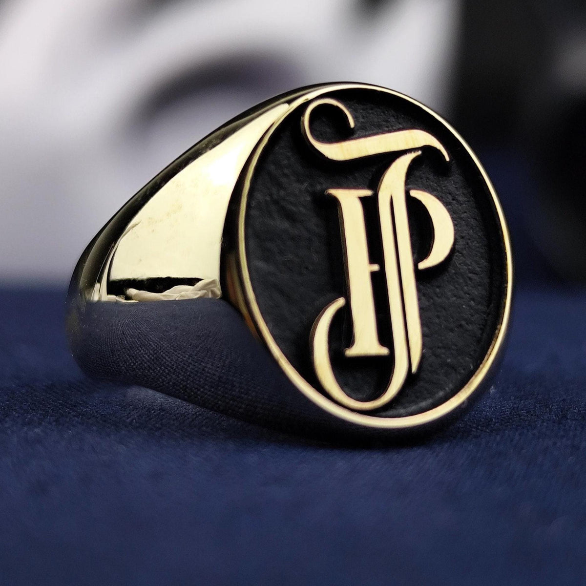 Custom Monogram Signet Ring for Men, Oval Black Enamel, Sterling Silver or Gold