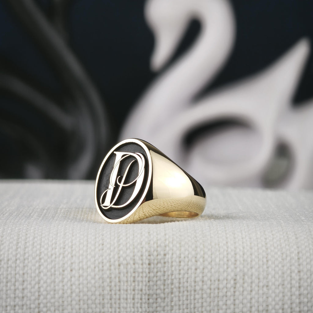 18K Gold Initial Signet Ring, Black Face Custom Monogram