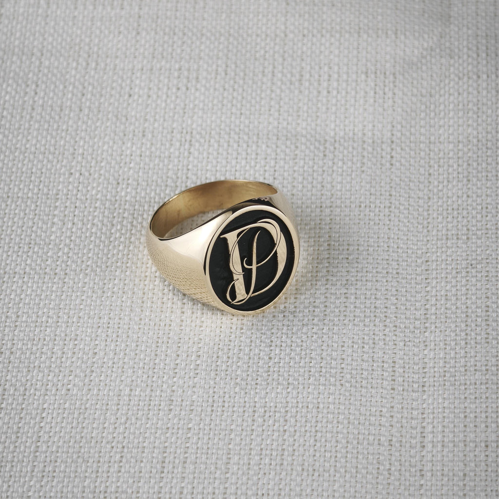 18K Gold Initial Signet Ring, Black Face Custom Monogram