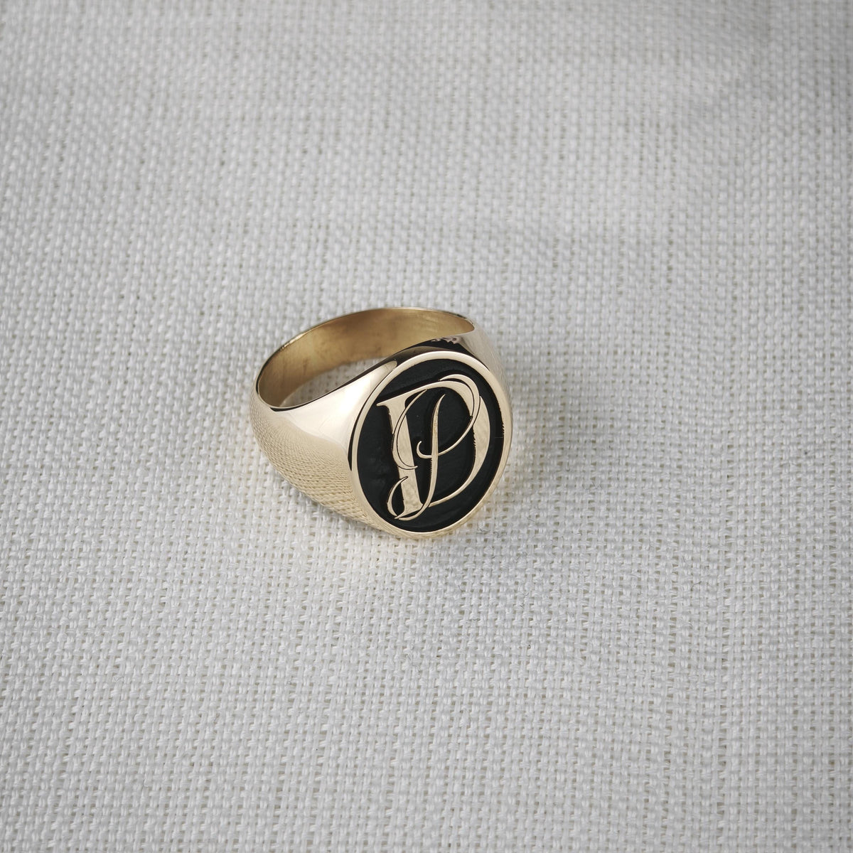 18K Gold Initial Signet Ring, Black Face Custom Monogram