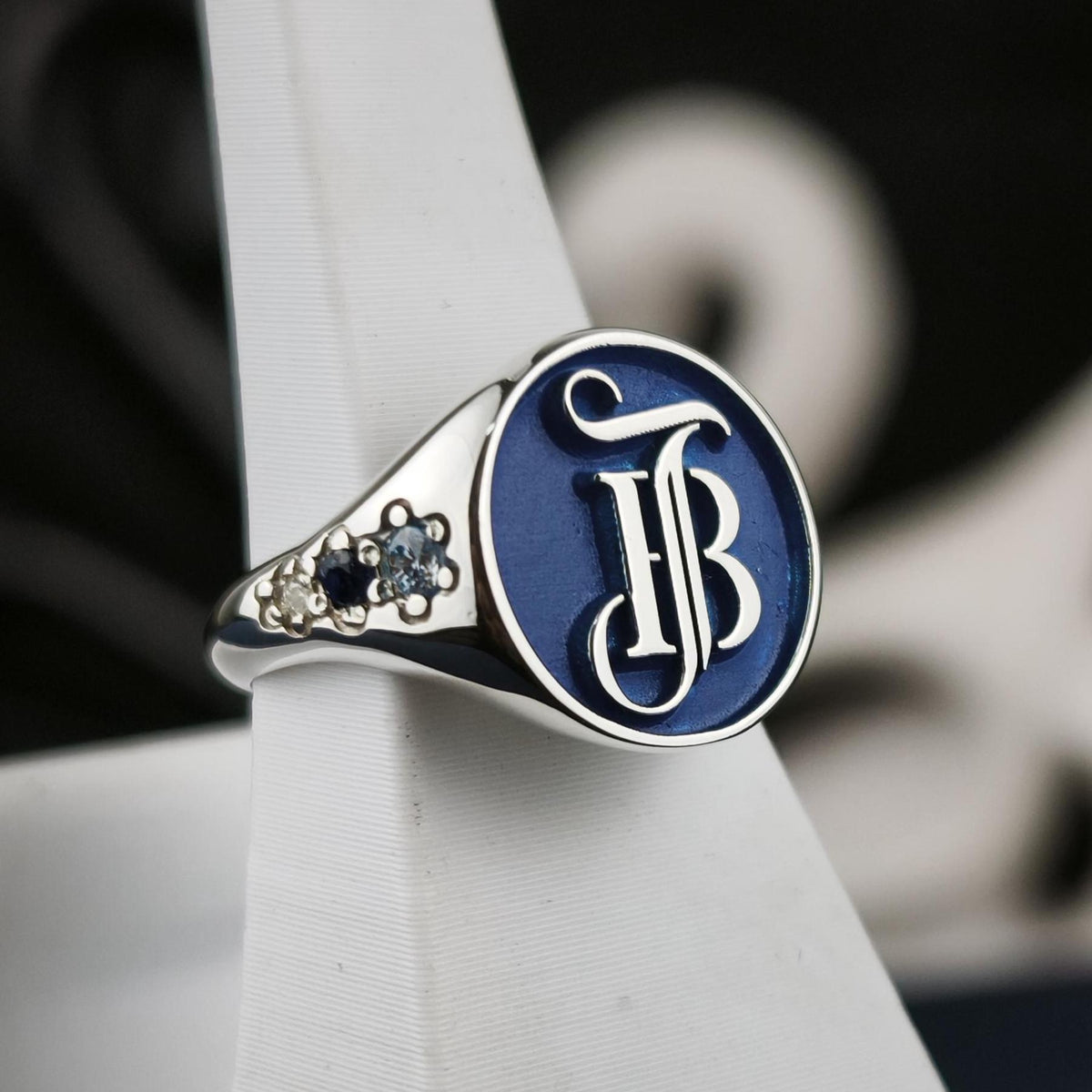 Blue Monogram Signet Ring, Round Initials with Stone Set Shoulders, Sterling Silver or Gold