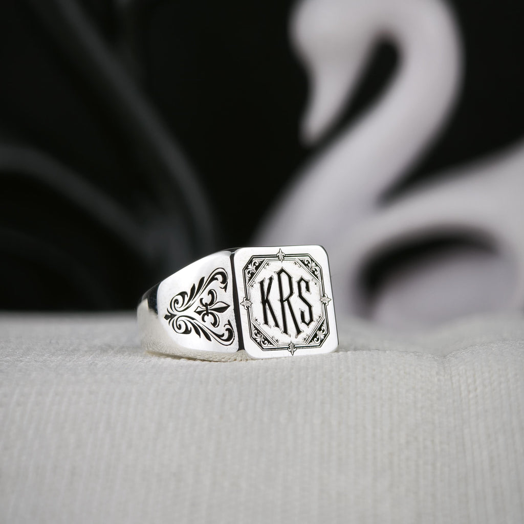 Gothic Monogram Signet Ring, Fleur de Lis Shoulders, Sterling Silver or Gold