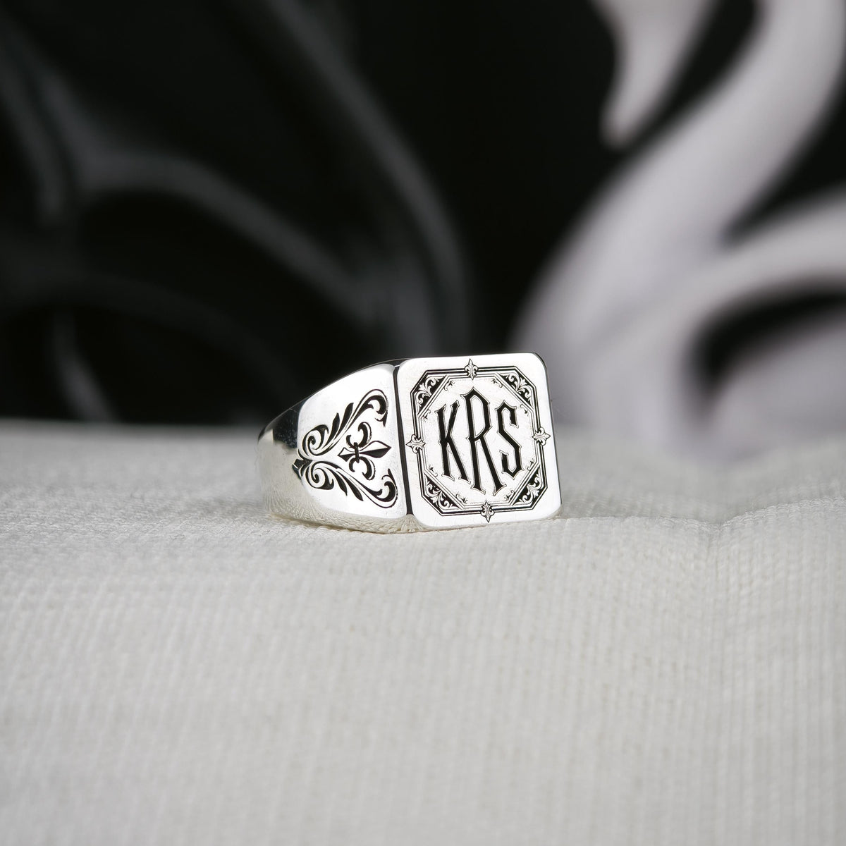 Gothic Monogram Signet Ring, Fleur de Lis Shoulders, Sterling Silver or Gold