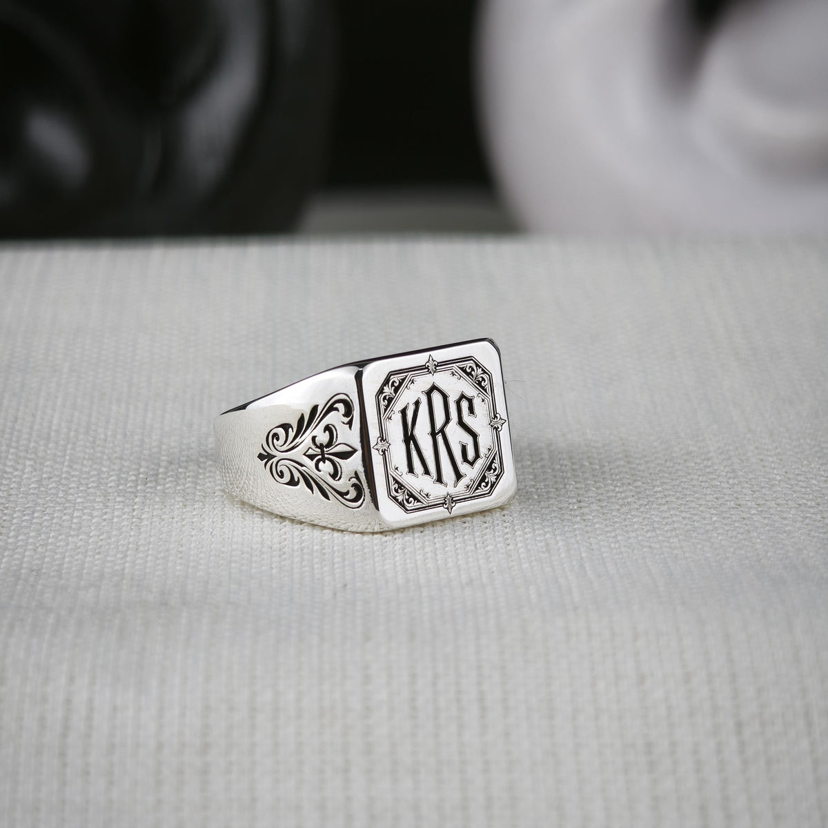 Gothic Monogram Signet Ring, Fleur de Lis Shoulders, Sterling Silver or Gold