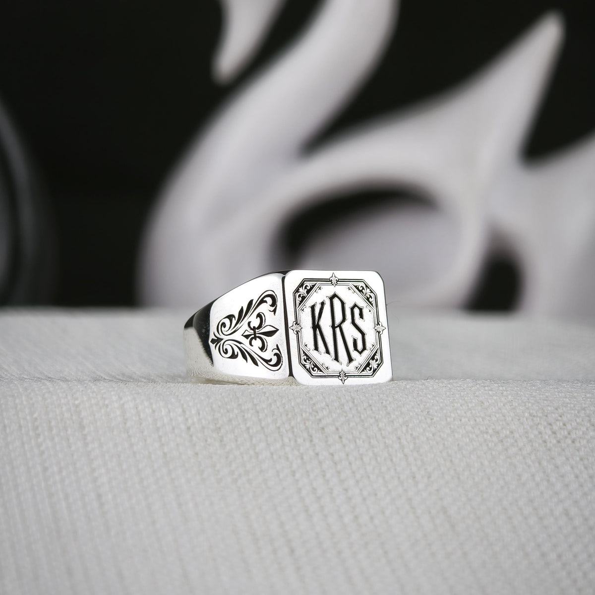 Gothic Monogram Signet Ring, Fleur de Lis Shoulders, Sterling Silver or Gold