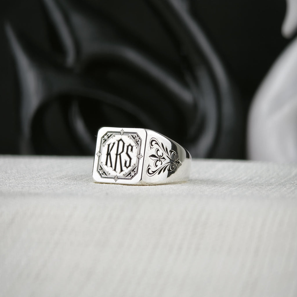 Gothic Monogram Signet Ring, Fleur de Lis Shoulders, Sterling Silver or Gold
