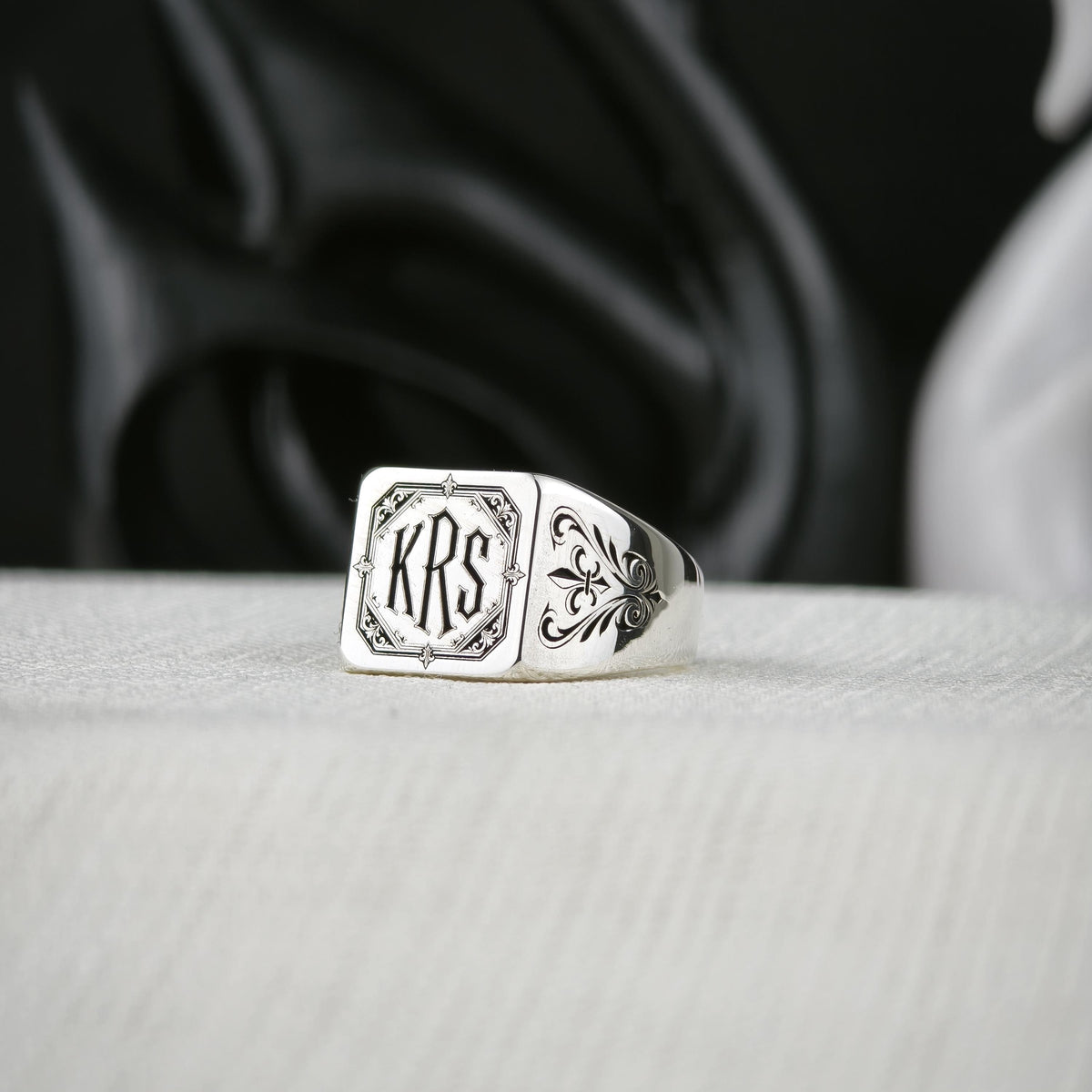 Gothic Monogram Signet Ring, Fleur de Lis Shoulders, Sterling Silver or Gold