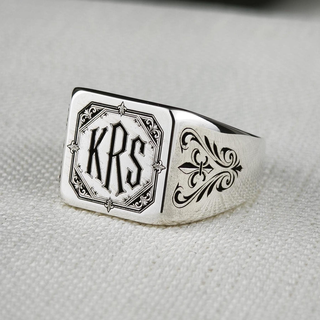 Gothic Monogram Signet Ring, Fleur de Lis Shoulders, Sterling Silver or Gold