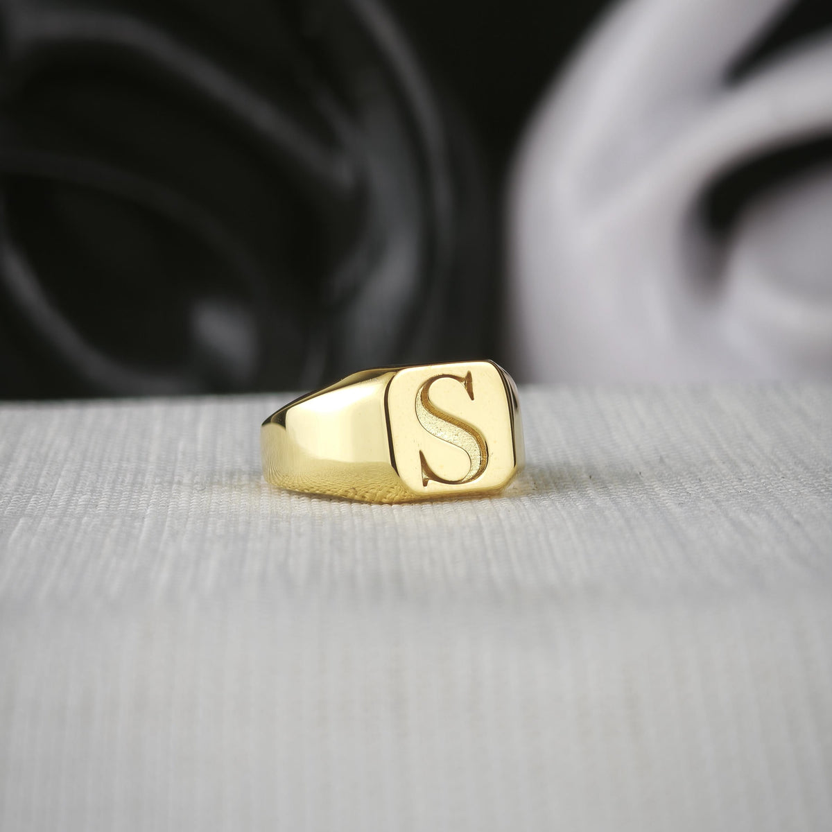 Square Initial Signet Ring, Personalized Single Letter in Sterling Silver or Gold