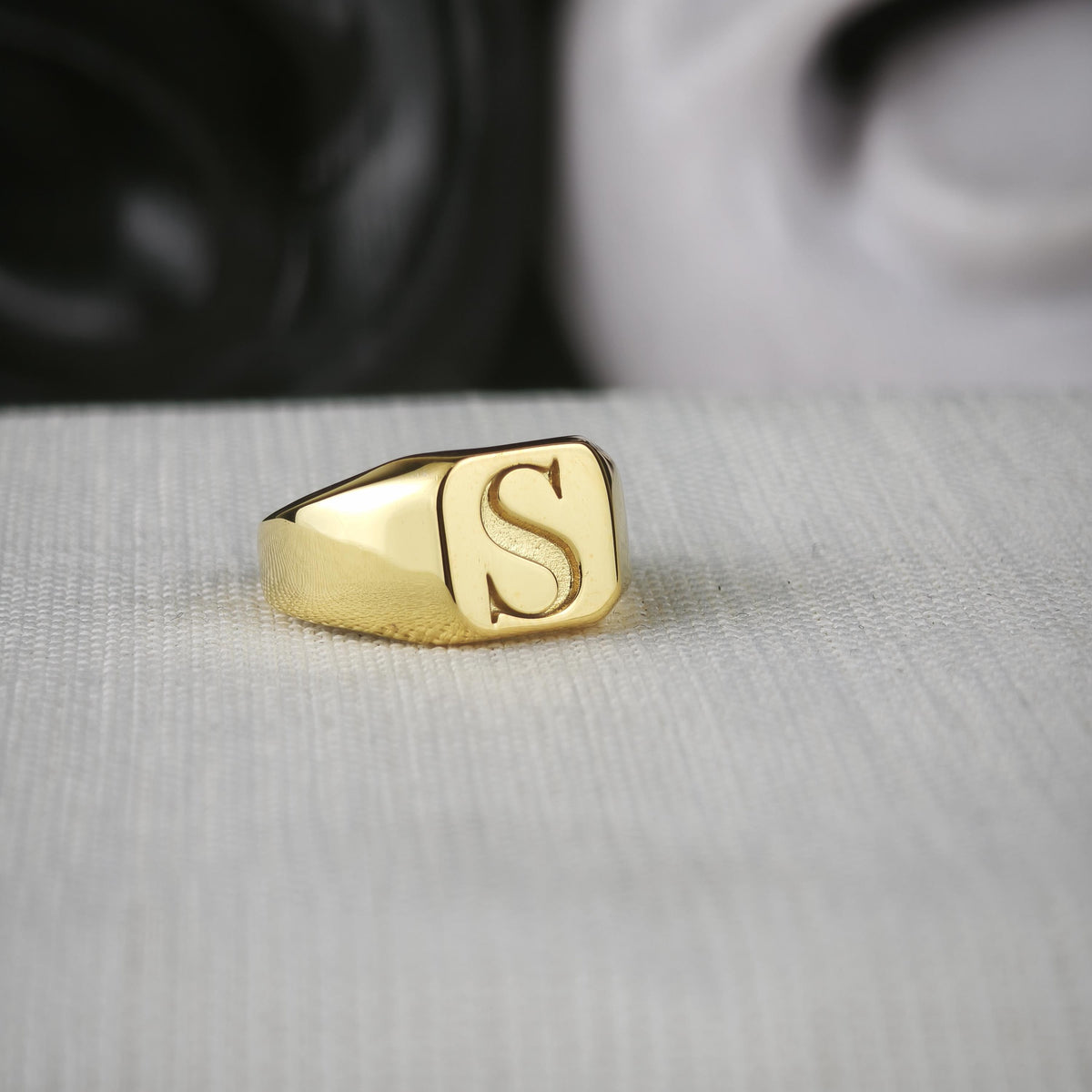Square Initial Signet Ring, Personalized Single Letter in Sterling Silver or Gold