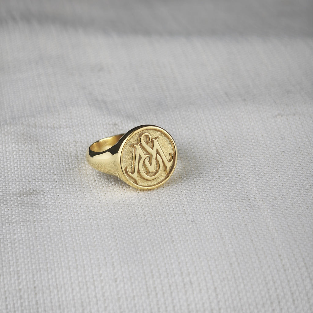 Raised Monogram Signet Ring, Custom Two Initial Round Design in Sterling Silver or Gold