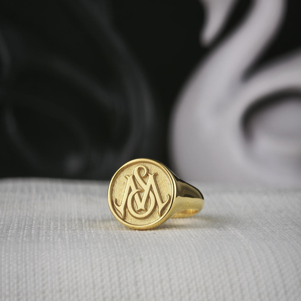 Raised Monogram Signet Ring, Custom Two Initial Round Design in Sterling Silver or Gold