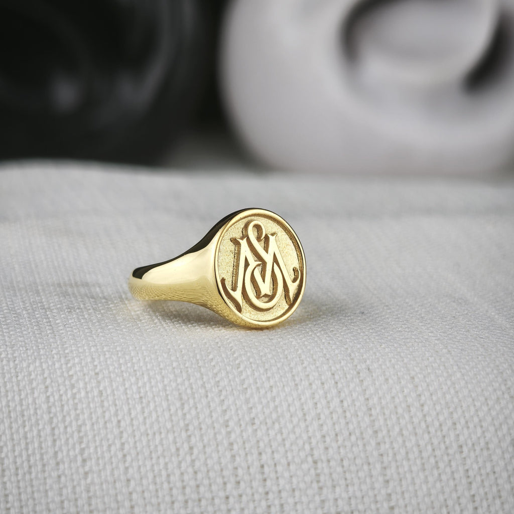 Raised Monogram Signet Ring, Custom Two Initial Round Design in Sterling Silver or Gold