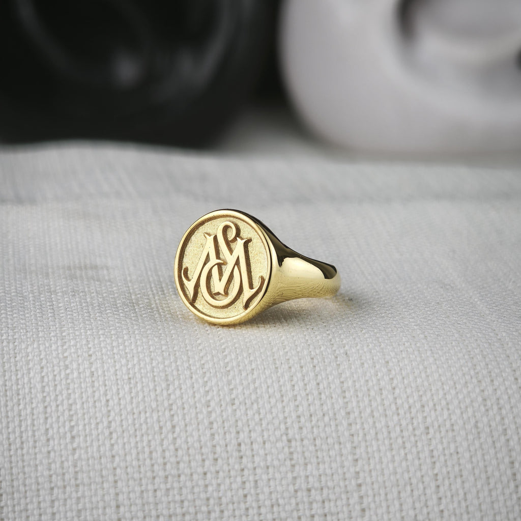 Raised Monogram Signet Ring, Custom Two Initial Round Design in Sterling Silver or Gold